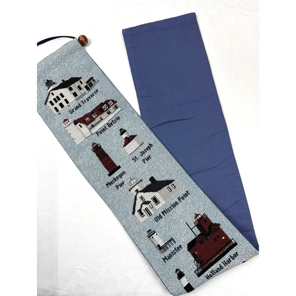 Vintage Woven Tapestry Wall Hanging Michigan Lighthouses Cottage Costal Decor
